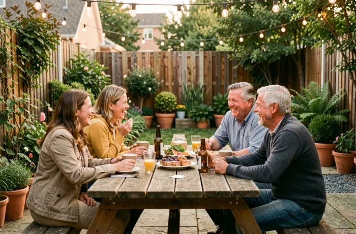 Un groupe d'adultes de différents âges partageant un repas et riant ensemble dans un jardin, illustrant les relations sociales comme pilier de santé