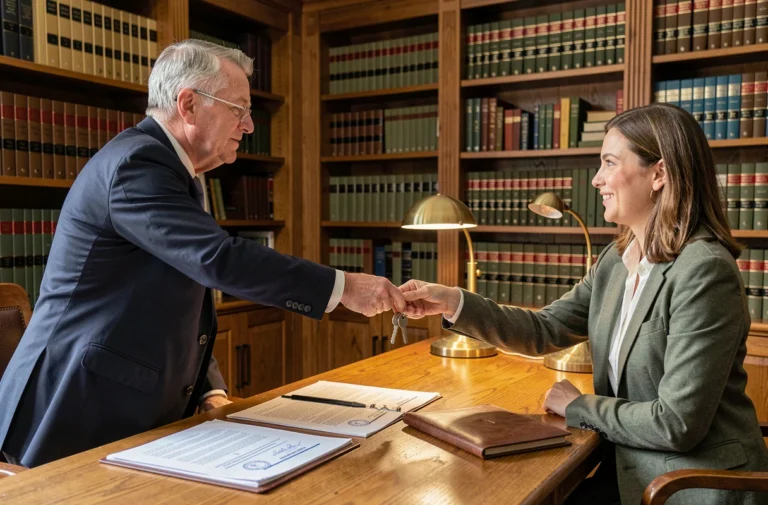 Notaire remettant les clés d'une maison à un couple après la signature de l'acte de vente chez le notaire