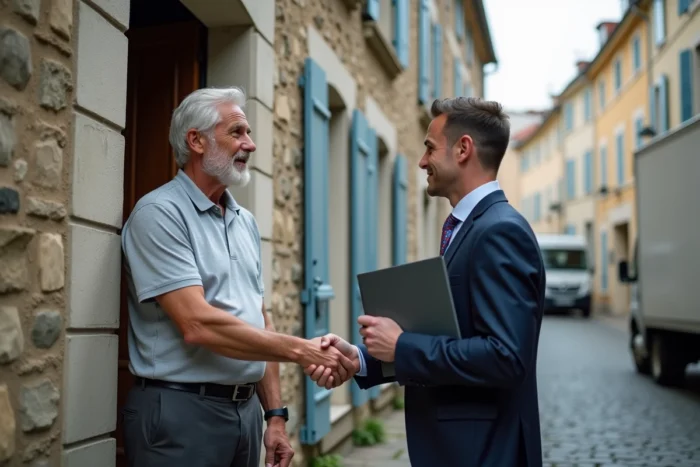 Retraité SNCF signant l'achat d'un nouveau logement avec un agent immobilier devant une maison en pierre de ville de province