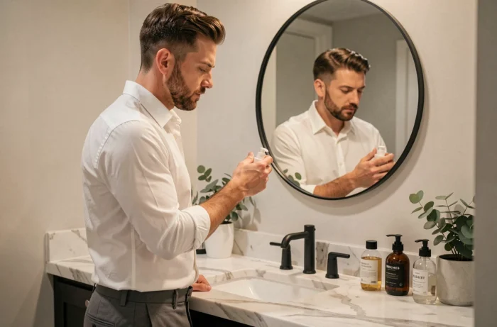 Homme soigné appliquant un soin visage dans une salle de bain moderne, routine bien-être et grooming masculin