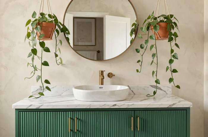 Salle de bain tendance avec meuble cannelé vert jade, robinetterie en laiton doré, vasque en céramique organique et miroir rond sur mur en stuc chaulé
