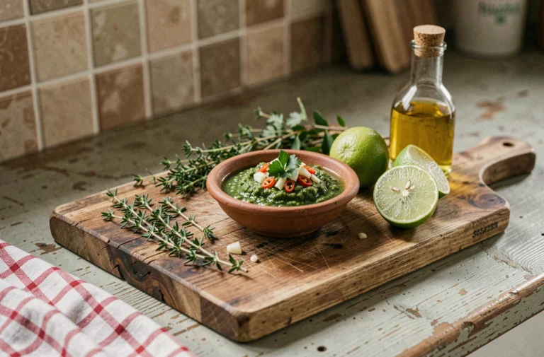 Bol de sauce chien antillaise avec herbes fraîches, ail et piments sur une planche en bois rustique