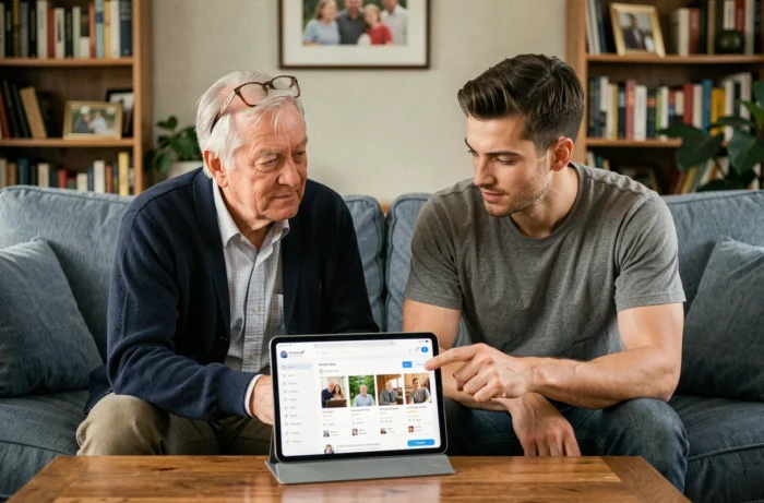 Senior et aidant familial consultant ensemble le guide d'installation de Mon Proxima sur une tablette