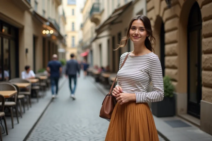 Femme de 35 ans portant une marinière rayée et une jupe midi camel dans le style Sézane, marchant dans une ruelle pavée parisienne