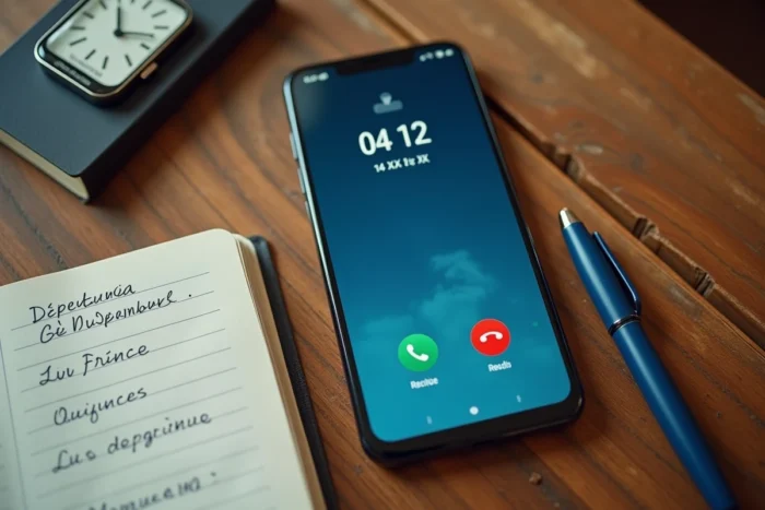 Smartphone affichant un appel entrant avec l'indicatif 04 12 posé sur une table en bois avec des notes sur les départements français