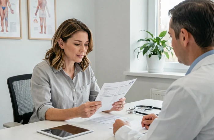 Une femme en consultation médicale préventive avec son médecin, examinant des résultats de santé dans un cabinet moderne