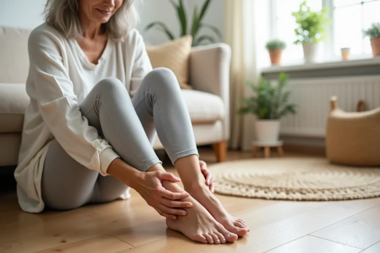 Femme mature assise sur un plancher en bois effectuant des rotations de cheville pour stimuler la circulation sanguine des pieds