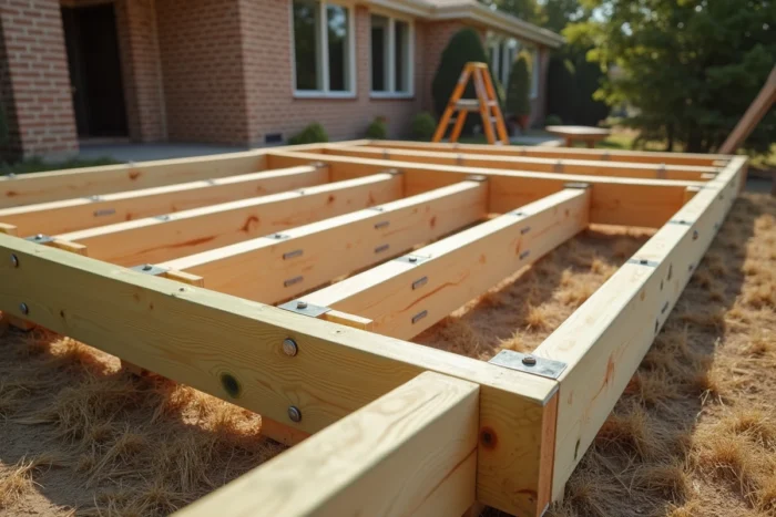 Structure de terrasse en bois avec lambourdes et solives apparentes sur un chantier de construction