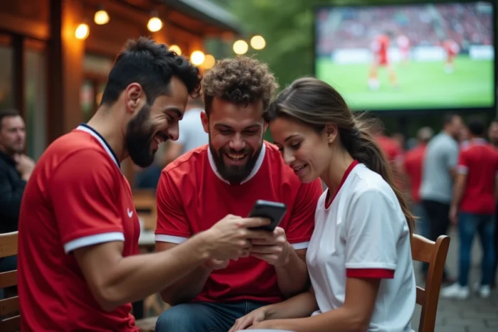Groupe de supporters consultant les dernières actualités sportives en direct sur smartphone dans un bar sportif