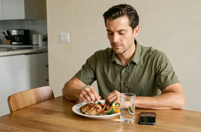 Un homme mangeant un repas équilibré à table sans grignoter entre les repas, dans une cuisine moderne et ordonnée