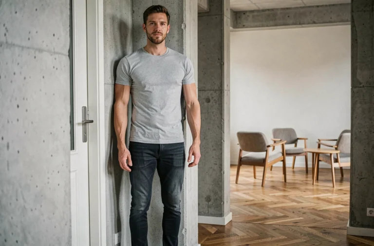 Homme grand de taille moyenne debout près d'un cadre de porte dans un appartement parisien moderne, illustrant la taille des hommes français en 2025