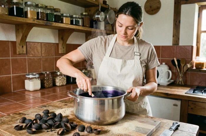 Femme teignant des vêtements en noir avec des colorants naturels écologiques dans une cuisine artisanale