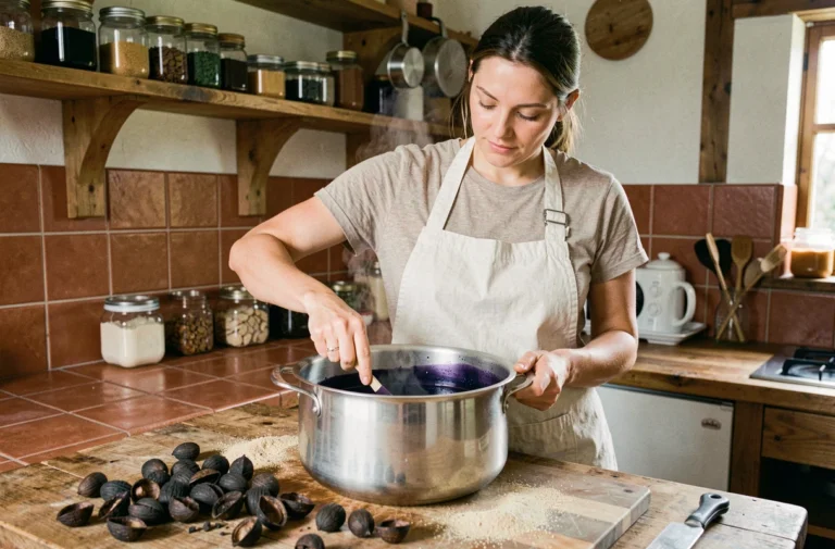 Femme teignant des vêtements en noir avec des colorants naturels écologiques dans une cuisine artisanale