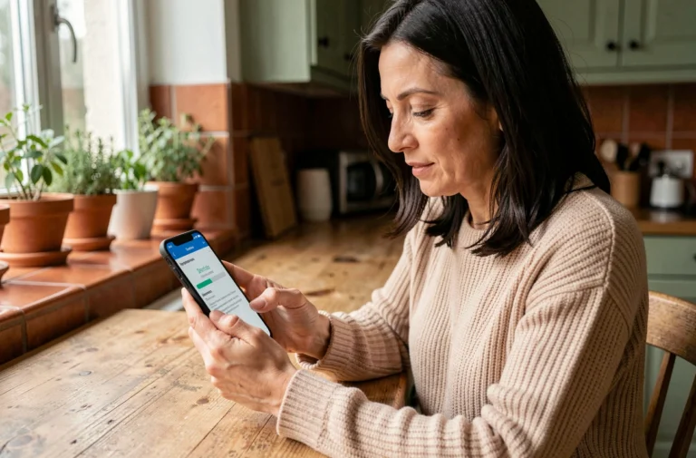 Femme aidante téléchargeant l'application Mon Proxima sur un smartphone dans une cuisine familiale