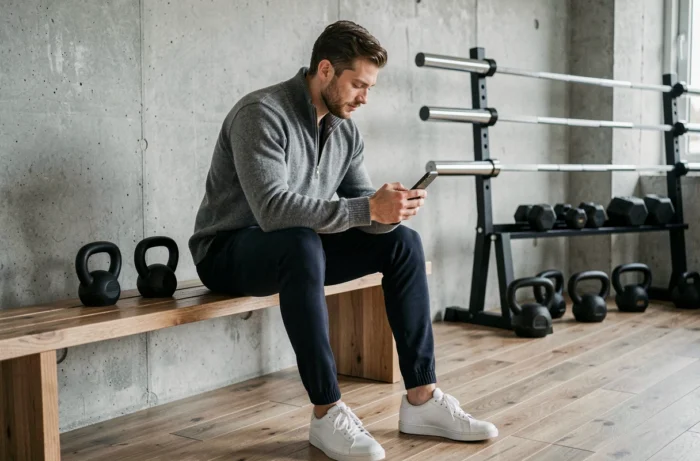 Homme sportif en tenue athleisure dans une salle de sport minimaliste scandinave, bien-être masculin