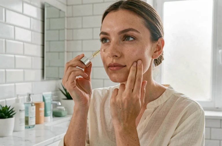 Femme parisienne appliquant un sérum sur sa peau dans une salle de bain moderne avec des produits de beauté tendance posés sur un comptoir en marbre