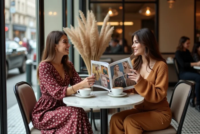 Deux femmes tendance assises dans un café parisien, comparant leurs looks mode saisonniers avec robe bordeaux et ensemble en maille caramel