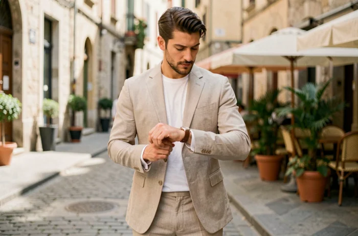 Homme élégant en costume lin beige dans une rue pavée européenne, style mode masculine moderne
