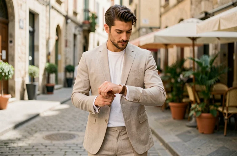 Homme élégant en costume lin beige dans une rue pavée européenne, style mode masculine moderne