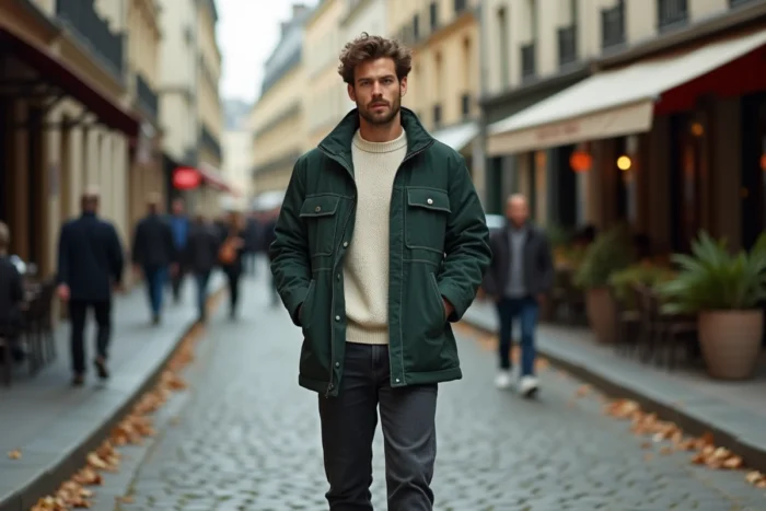 Homme en veste utilitaire verte et jean droit posant dans une rue pavée européenne pour un look mode urbain automnal