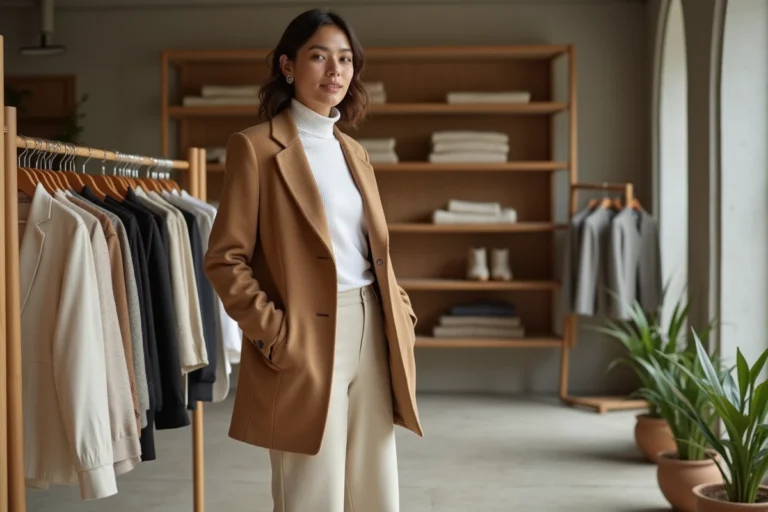 Femme élégante en blazer camel et pantalon large parcourant les nouvelles tendances mode de la saison dans une boutique minimaliste