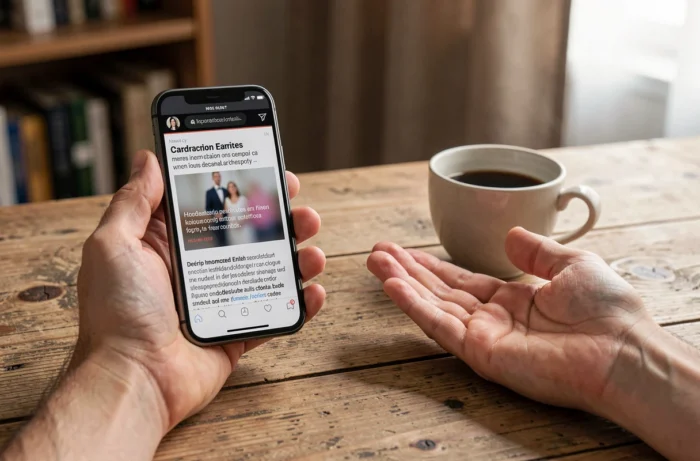 Mains posées sur une table avec smartphone affichant un article de presse, métaphore de la tension entre exposition médiatique et vie privée