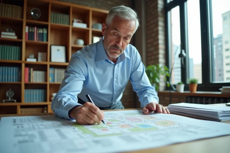 Urbaniste masculin analysant des plans de zonage PLU sur un bureau de planification urbaine
