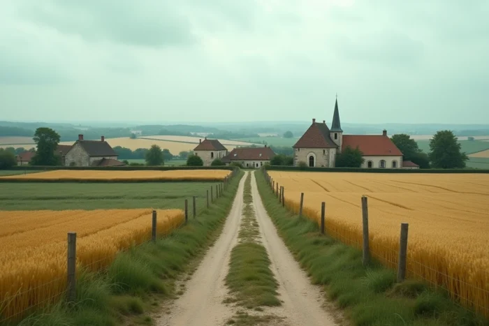 Village rural français avec parcelles agricoles illustrant l'application du Règlement National d'Urbanisme RNU