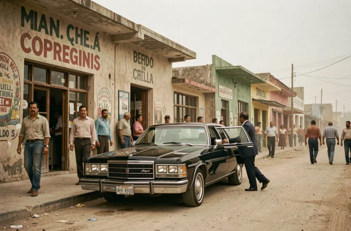 Scène de rue d'une ville frontalière mexicaine à la fin des années 1970 avec une voiture noire et des personnages en costume, illustrant l'environnement du cartel de Guadalajara