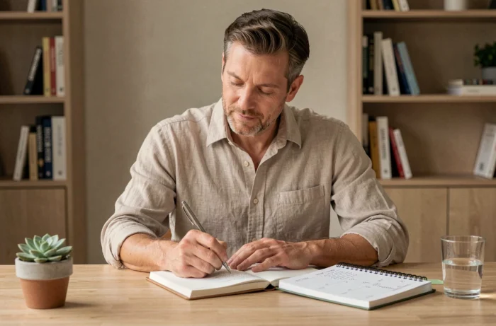 Un homme écrivant dans un journal de bien-être à long terme à son bureau, symbolisant une vision durable de la santé plutôt que des solutions ponctuelles