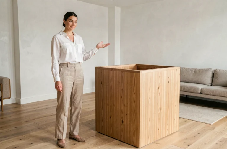 Femme debout à côté d'une structure en bois de 3 m³ dans un appartement moderne pour visualiser le volume
