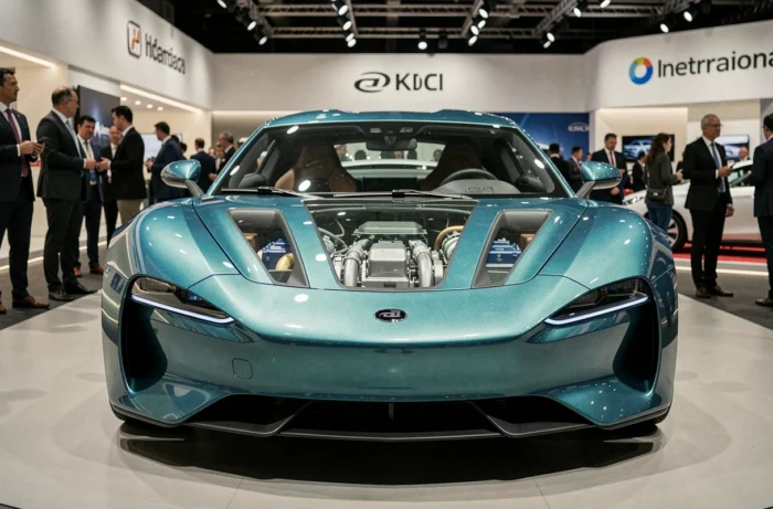 Voiture concept futuriste à carrosserie iridescente exposée dans un salon automobile international devant une foule de visiteurs