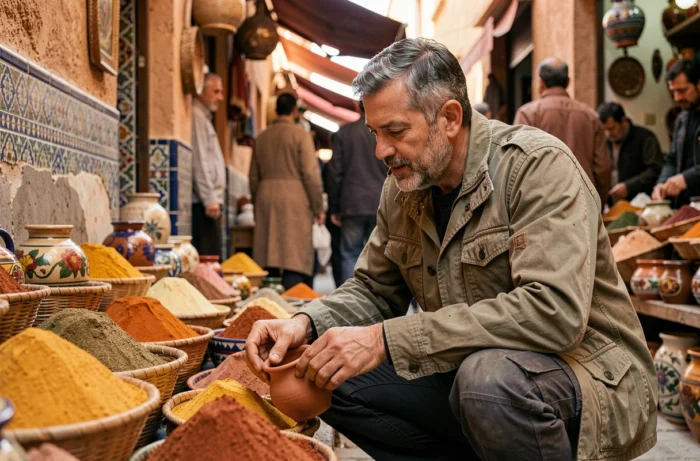Voyageur explorant un marché local coloré dans une médina nord-africaine remplie d'épices et de céramiques