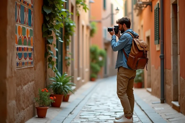 Voyageur photographiant une façade colorée dans une ruelle pavée d'une vieille ville méditerranéenne