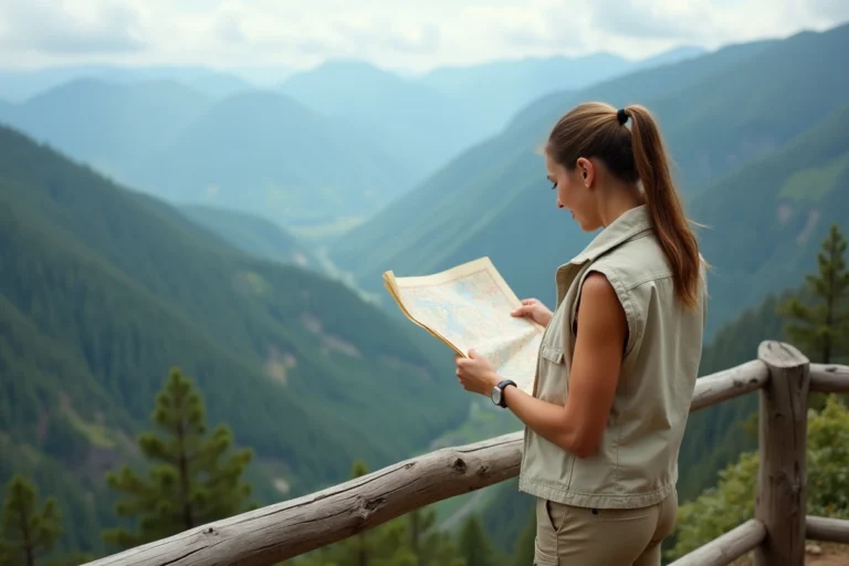 Voyageuse consultant une carte papier devant un panorama de montagnes et de forêts lors d'une randonnée