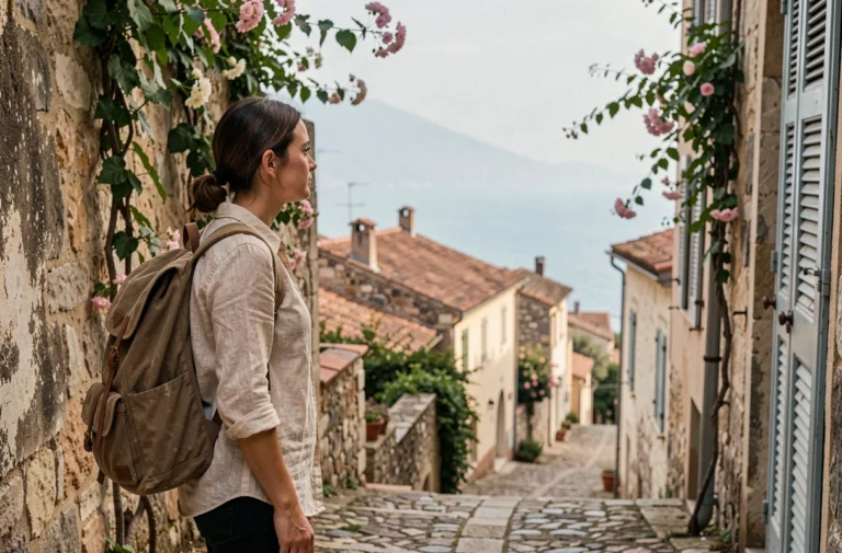 Voyageuse contemplant un village méditerranéen aux toits en terrasse avec vue sur la mer bleue