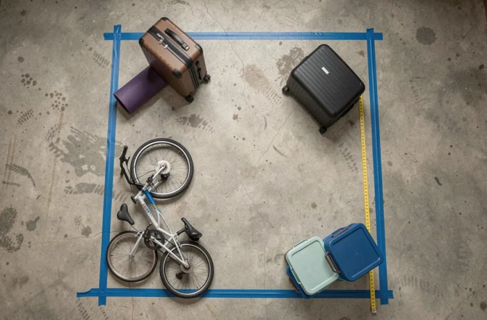 Vue aérienne d'objets du quotidien disposés dans un contour de 3 m² au sol pour illustrer la notion de volume de 3 m³